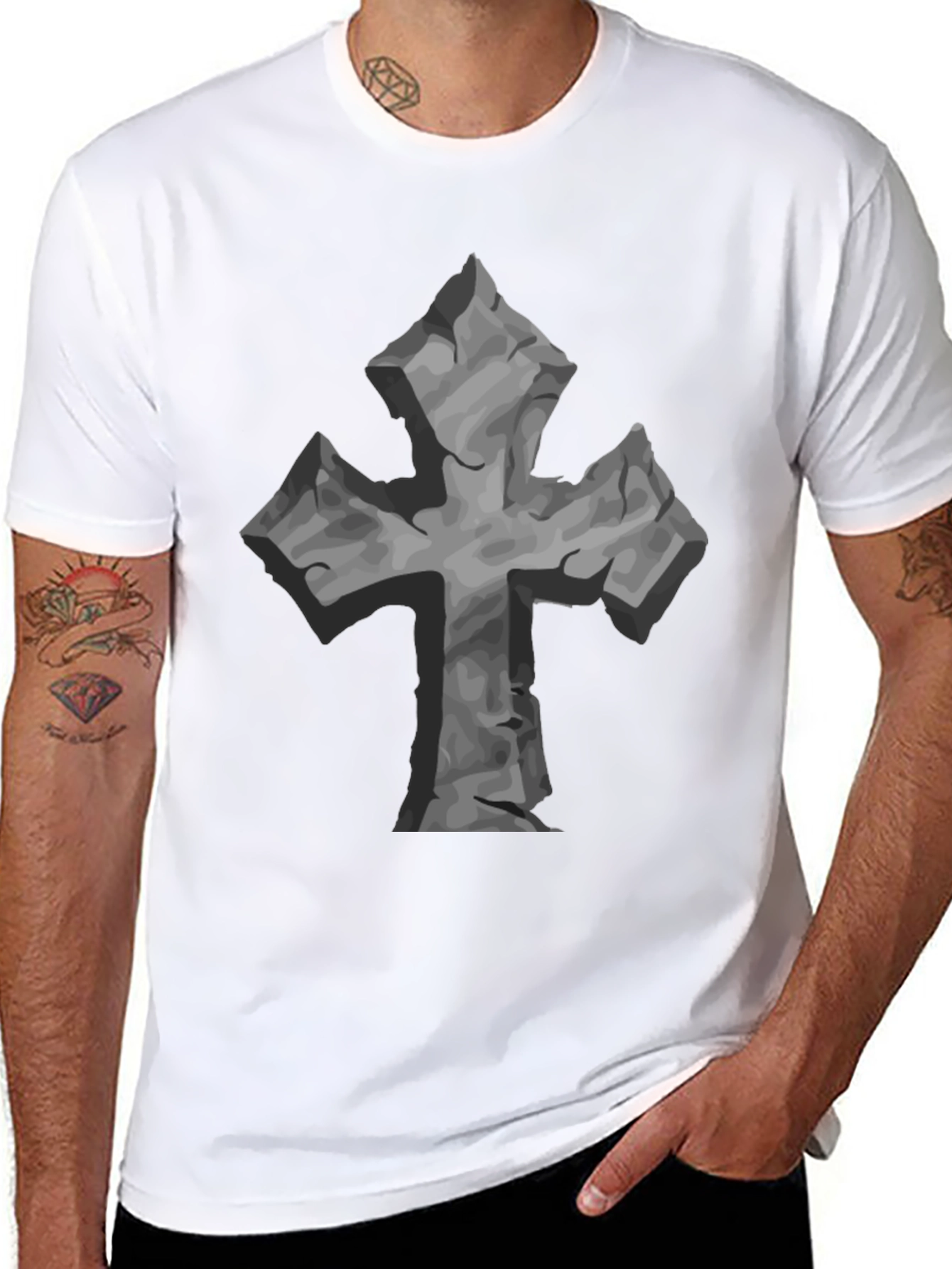 Stone Cross Graphic Tee - Black Casual T-Shirt