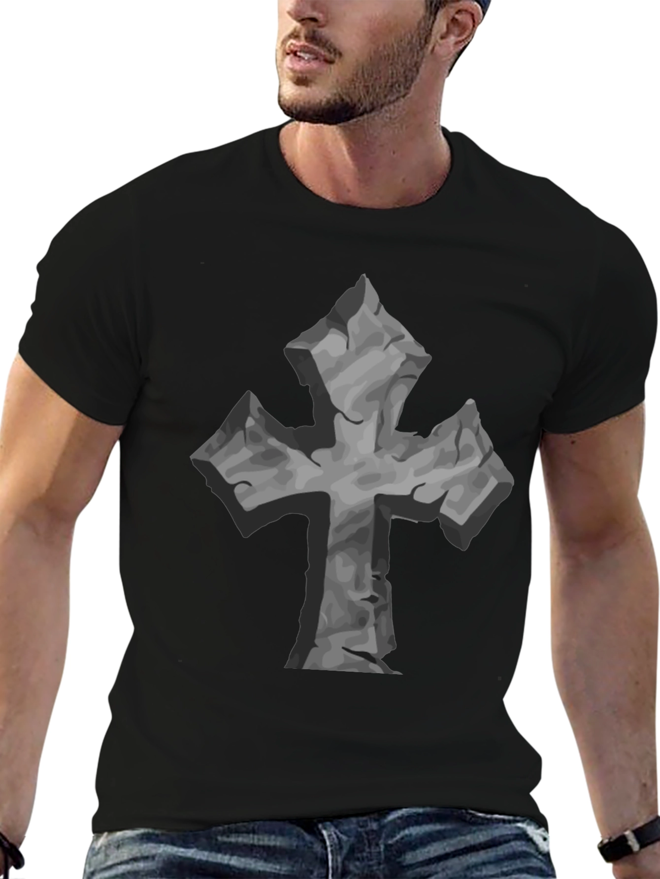 Stone Cross Graphic Tee - Black Casual T-Shirt