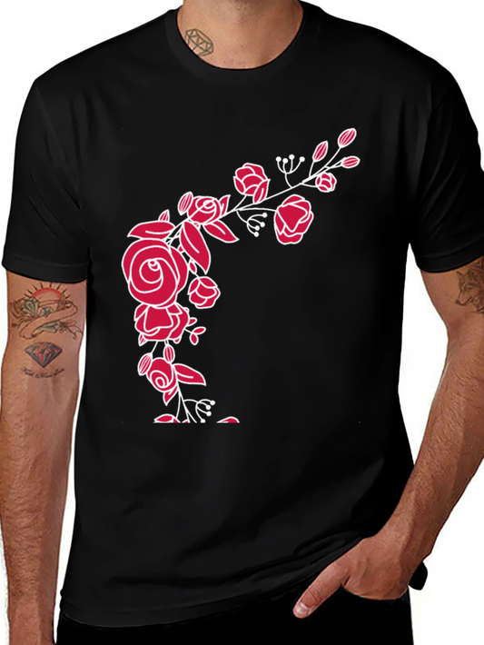 Elegant Floral Rose Graphic Tee - Black Cotton Blend