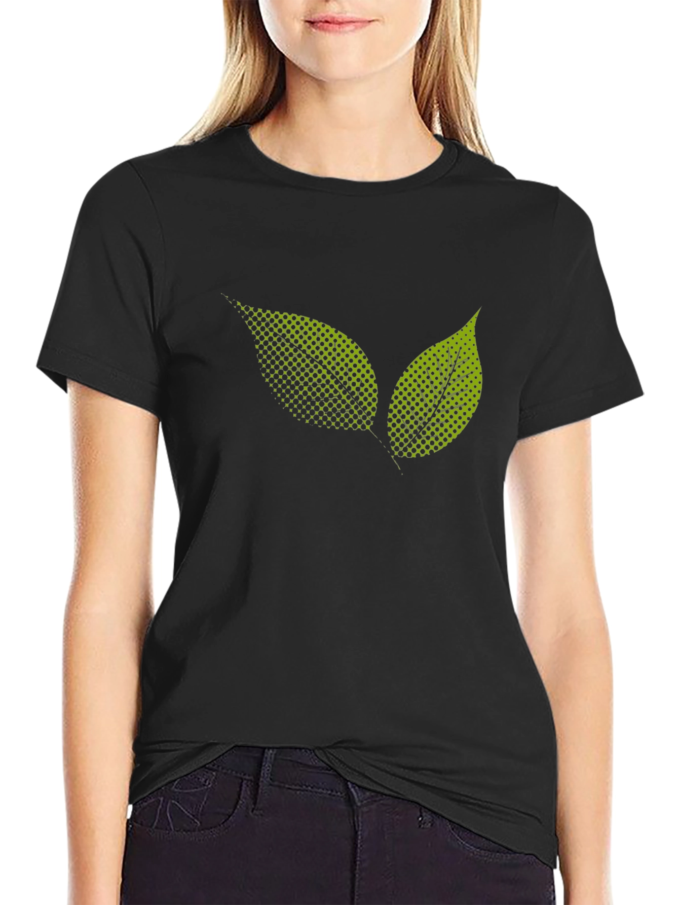 Black T-Shirt with Green Leaf Graphic Print