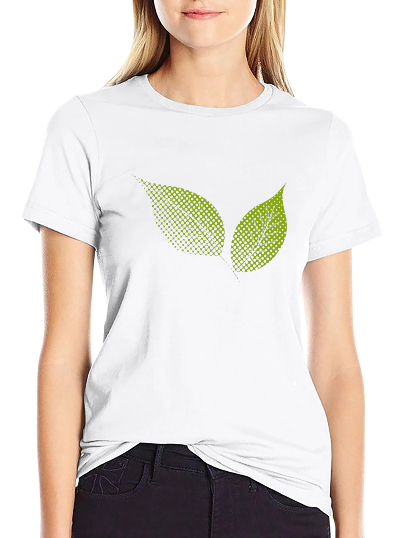 Black T-Shirt with Green Leaf Graphic Print