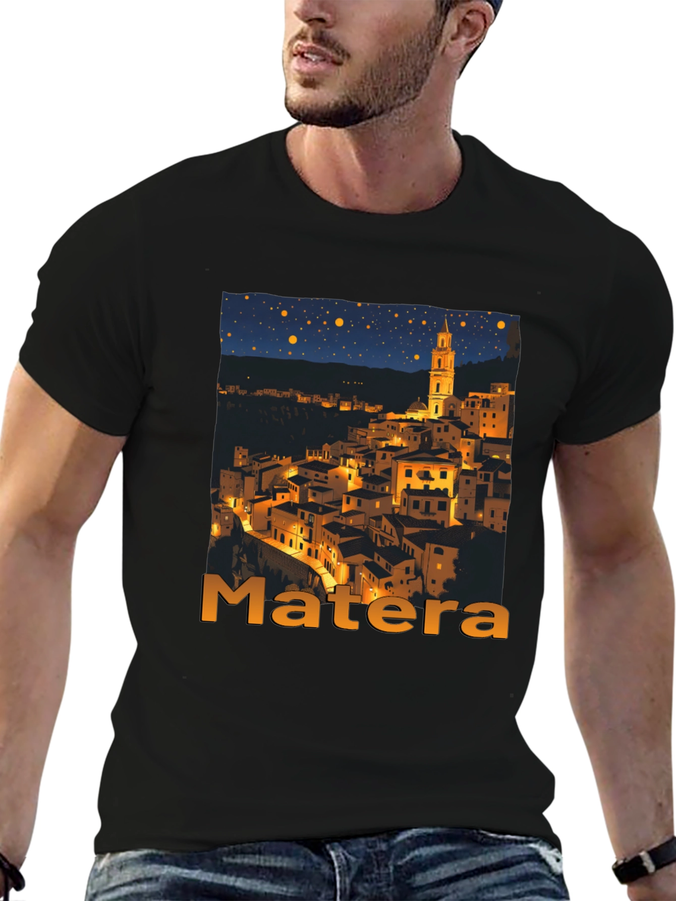 Matera Italy Nightscape Black T-Shirt