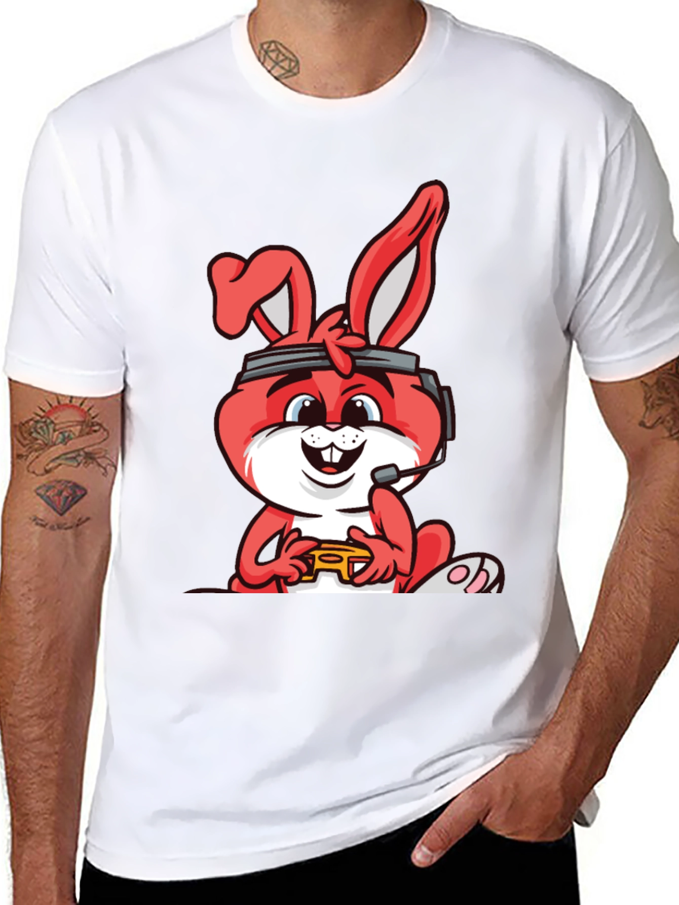 Gamer Bunny Graphic Tee - Black Cotton T-Shirt