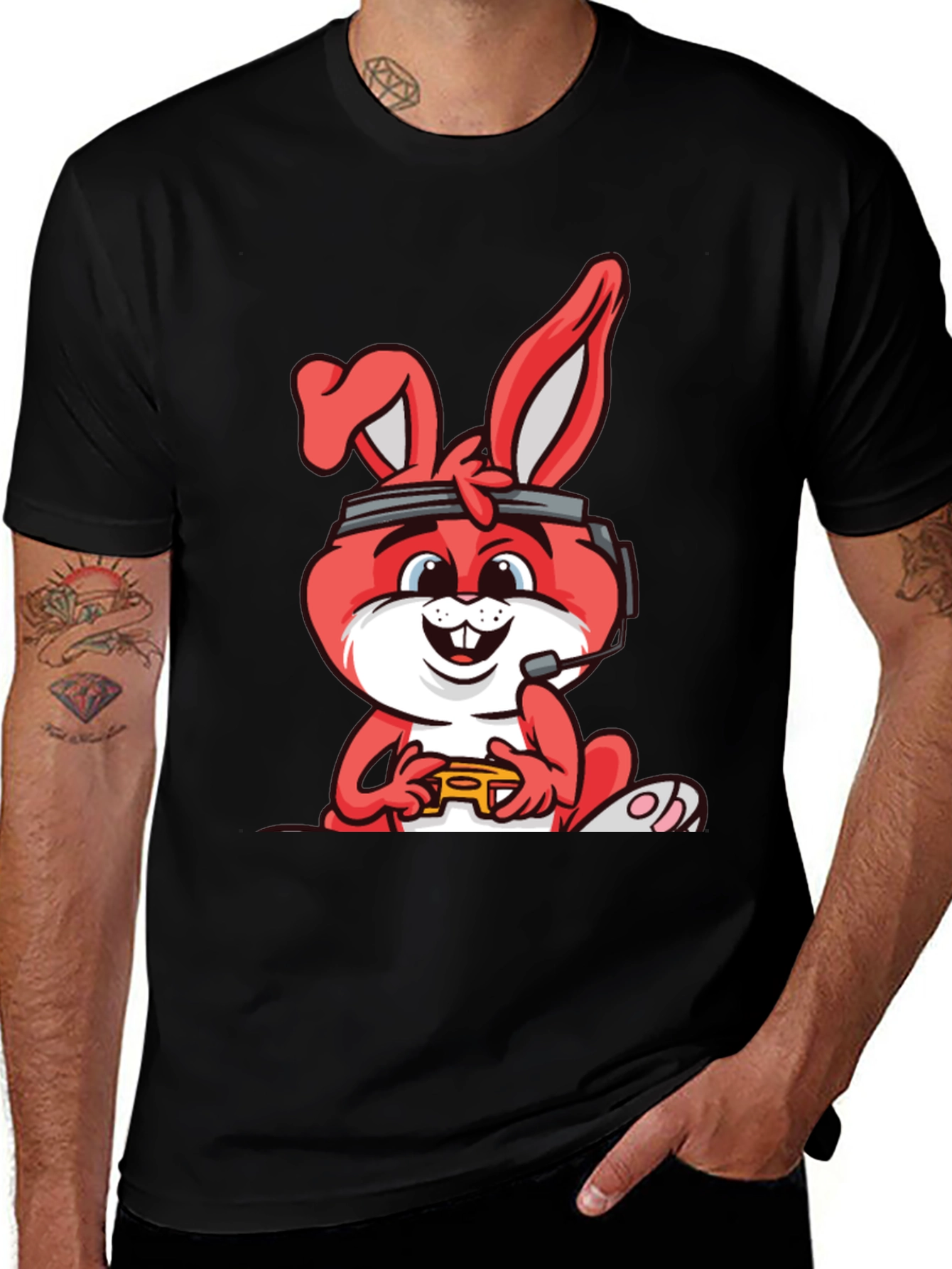 Gamer Bunny Graphic Tee - Black Cotton T-Shirt