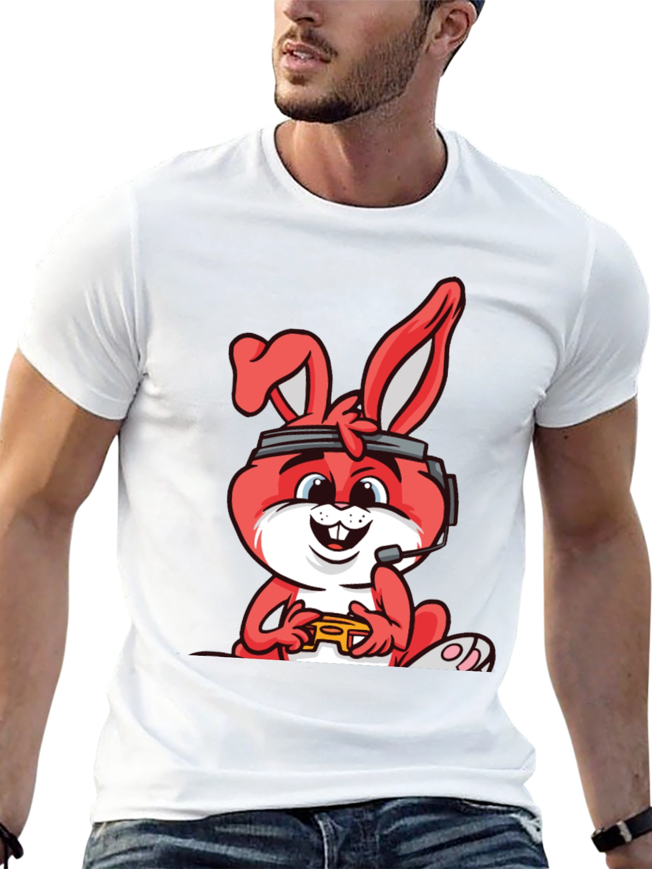 Gamer Bunny Graphic Tee - Black Cotton T-Shirt