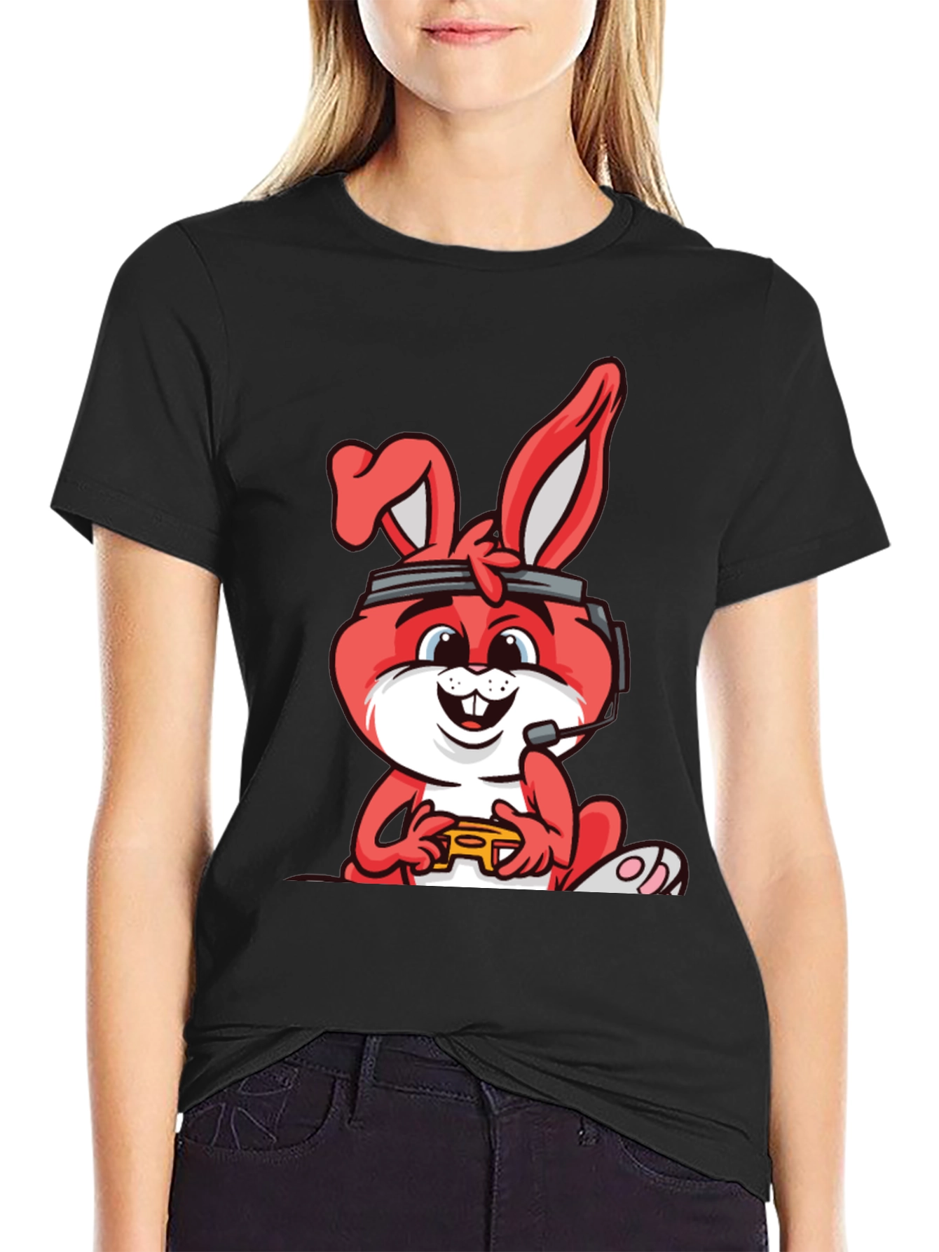 Gamer Bunny Graphic Tee - Black Cotton T-Shirt
