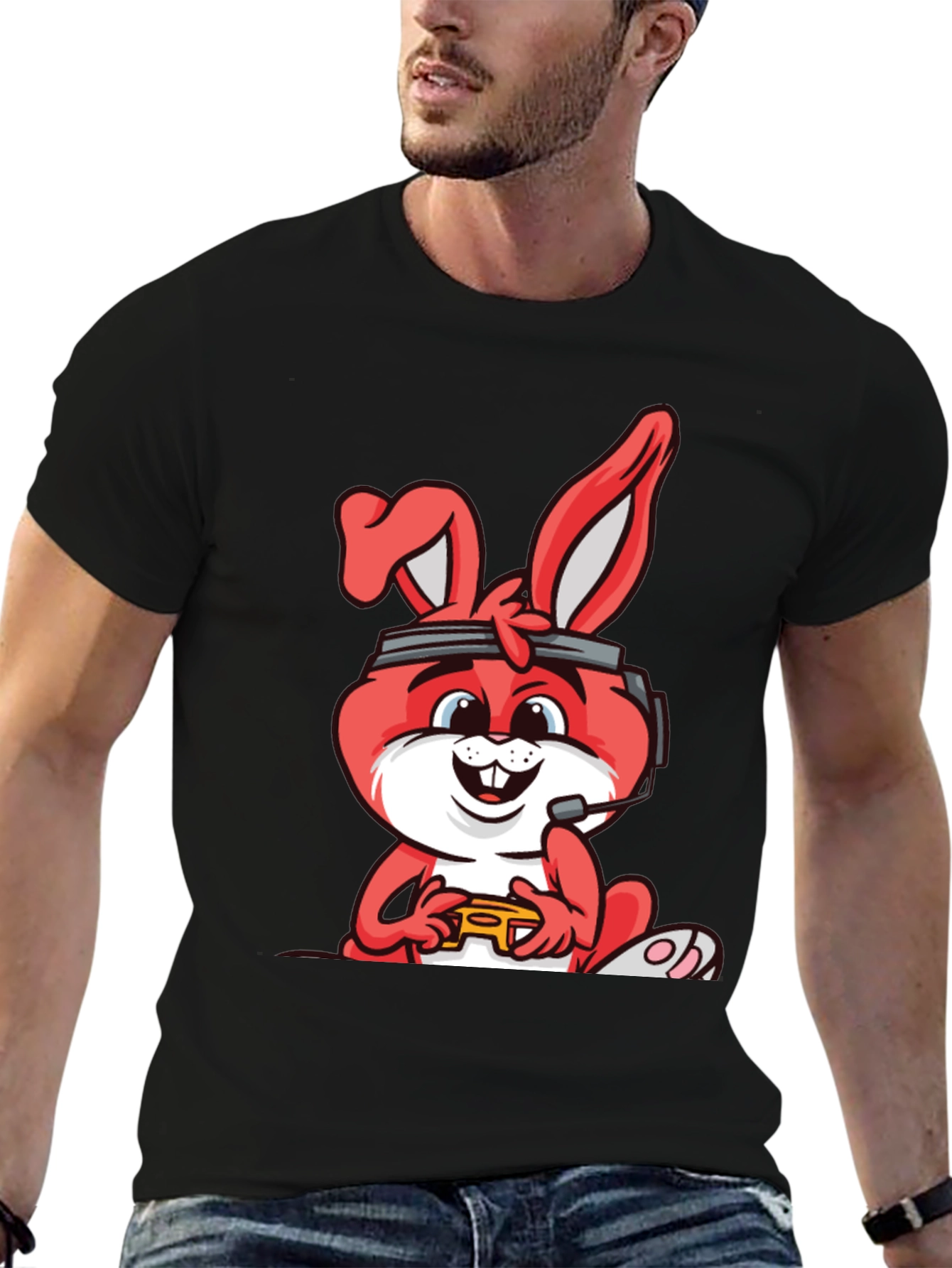 Gamer Bunny Graphic Tee - Black Cotton T-Shirt