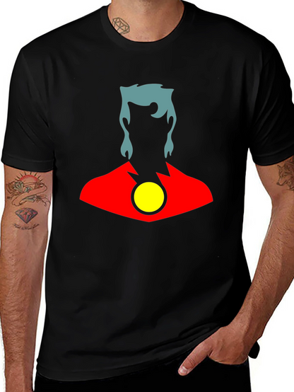 Stylized Superhero Graphic T-Shirt - Black Cotton Blend