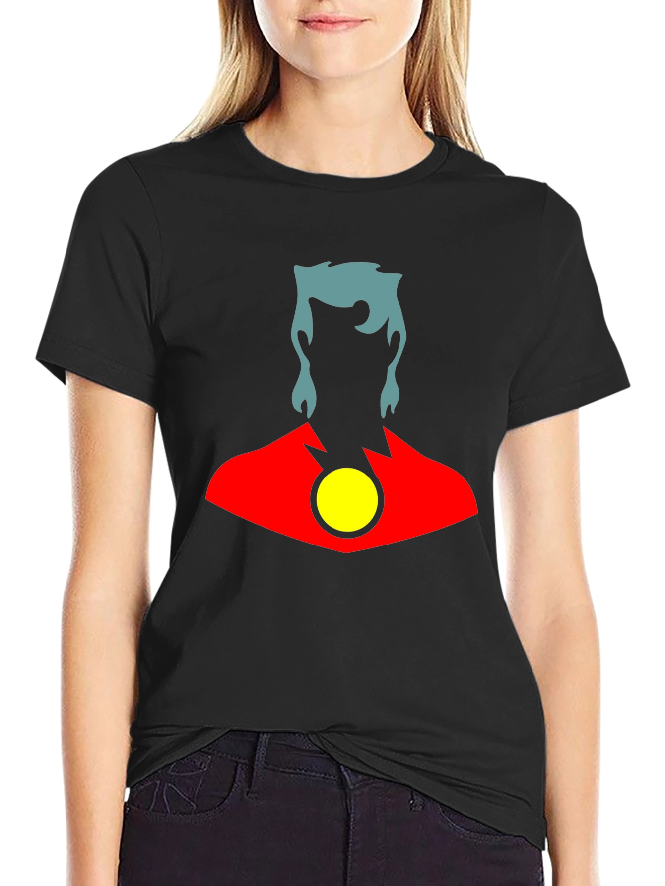 Stylized Superhero Graphic T-Shirt - Black Cotton Blend
