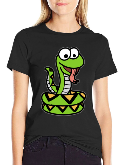 Cartoon Snake Graphic Tee - Black Cotton T-Shirt