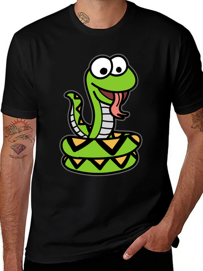 Cartoon Snake Graphic Tee - Black Cotton T-Shirt