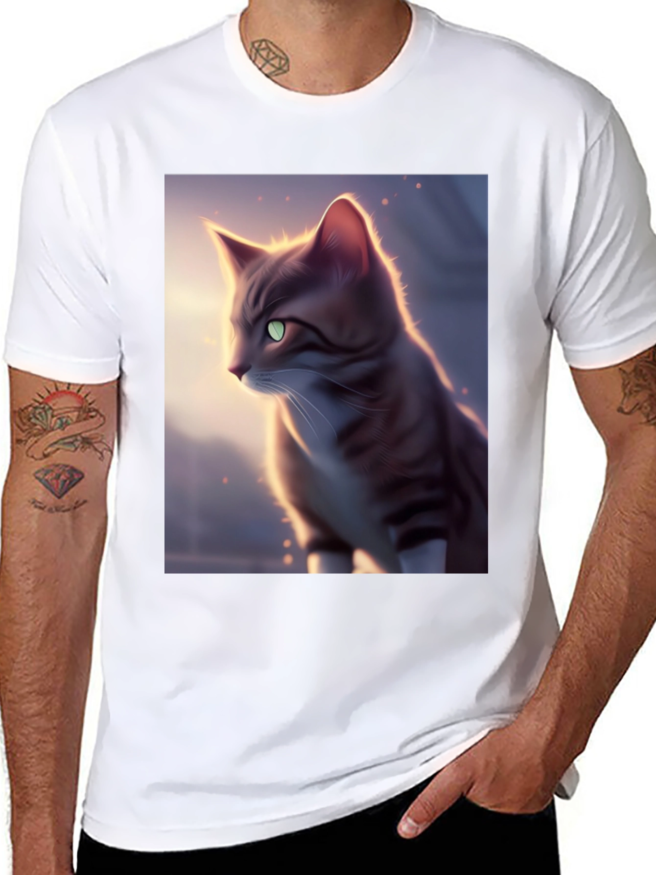 Artistic Cat Graphic Black T-Shirt