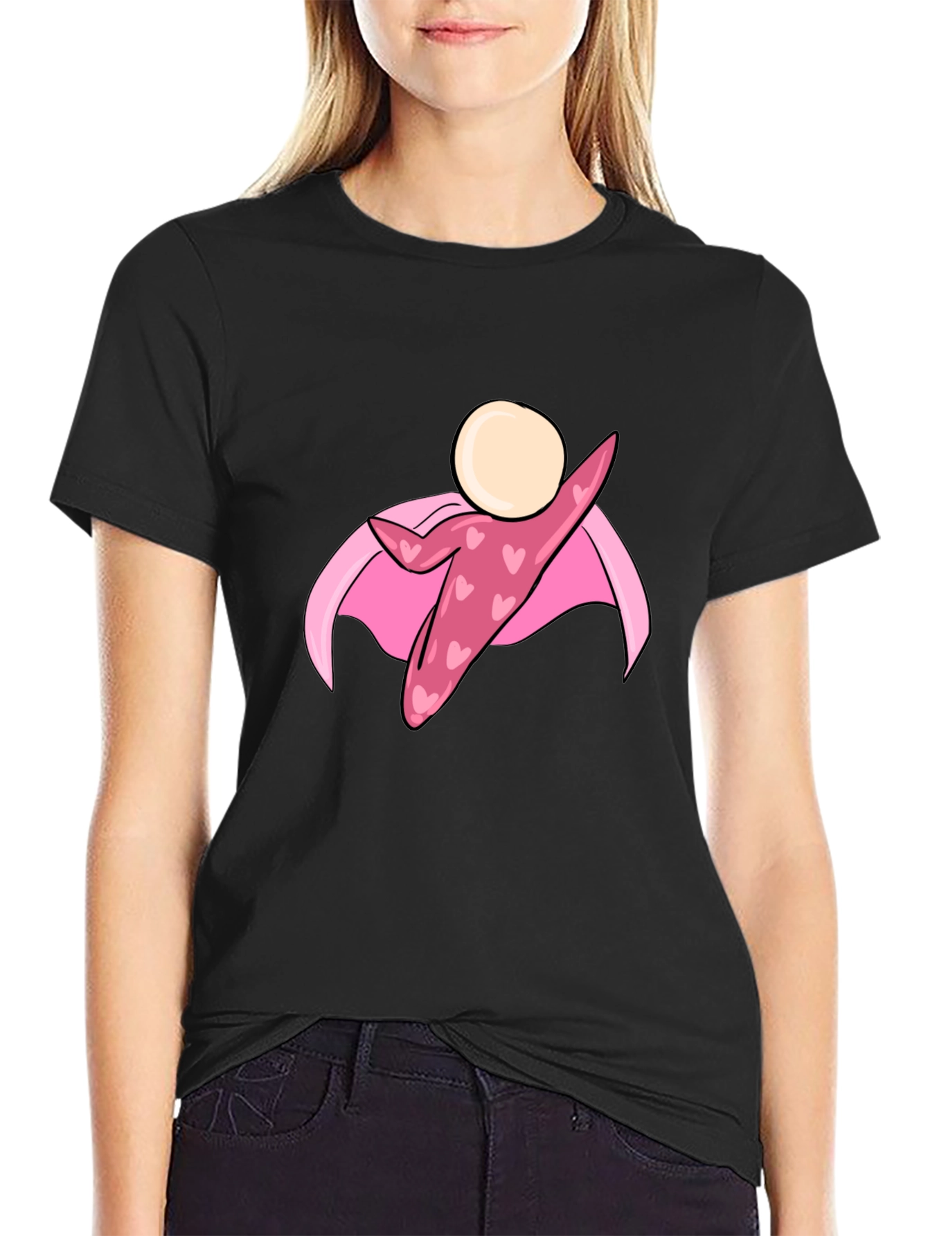 Black T-Shirt with Heart Superhero Graphic