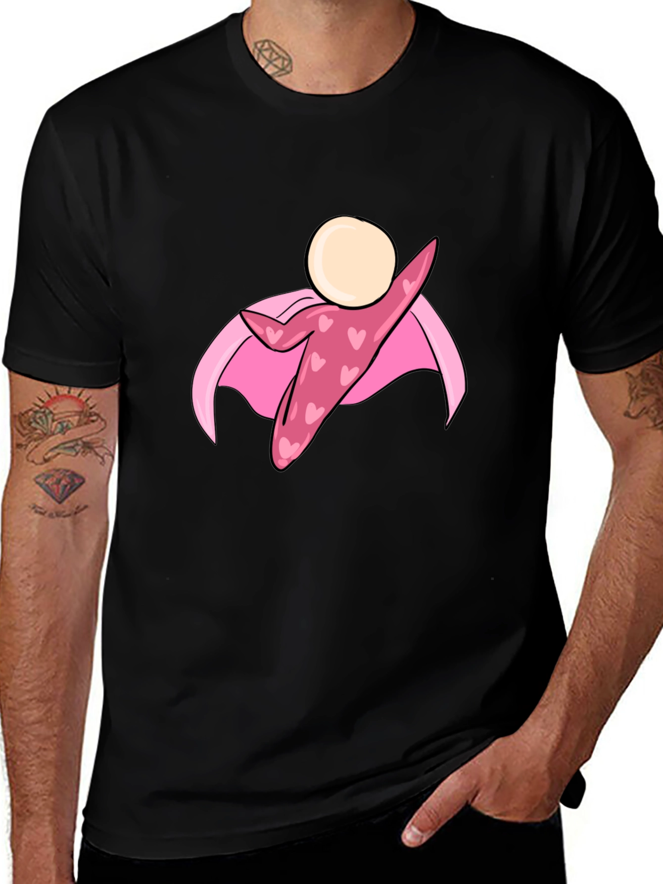 Black T-Shirt with Heart Superhero Graphic