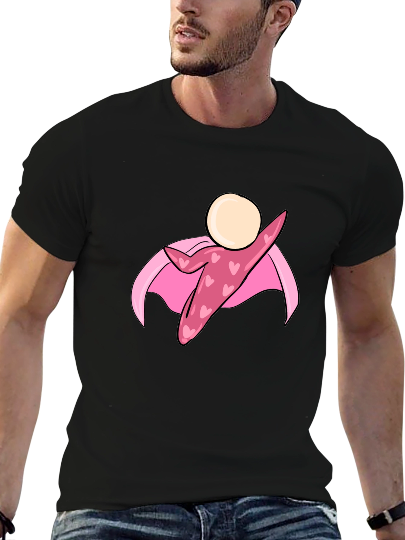 Black T-Shirt with Heart Superhero Graphic