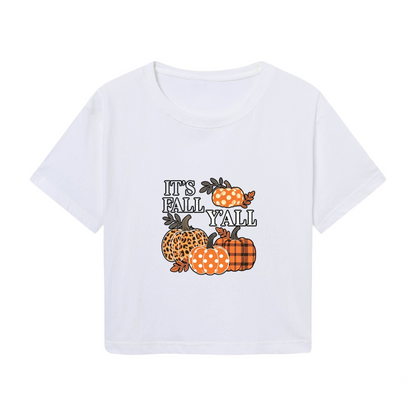It¡¯s Fall Y¡¯all Plaid Leopard Pumpkin Fall Season Crop Top