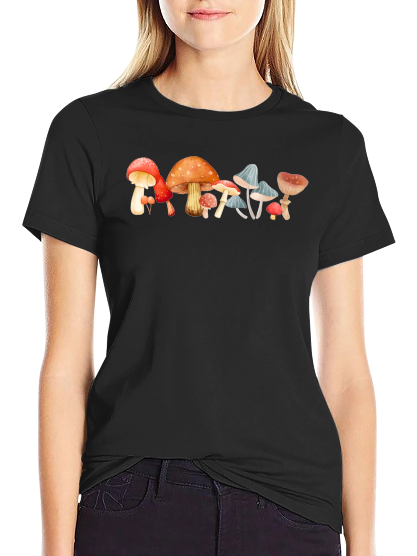 Mushroom Print Black Cotton Tee