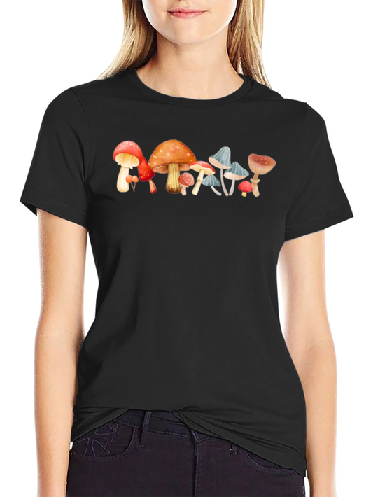 Mushroom Print Black Cotton Tee