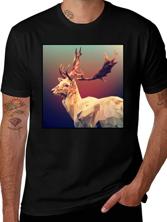 Geometric Deer Graphic Tee - Black Short Sleeve Shirt