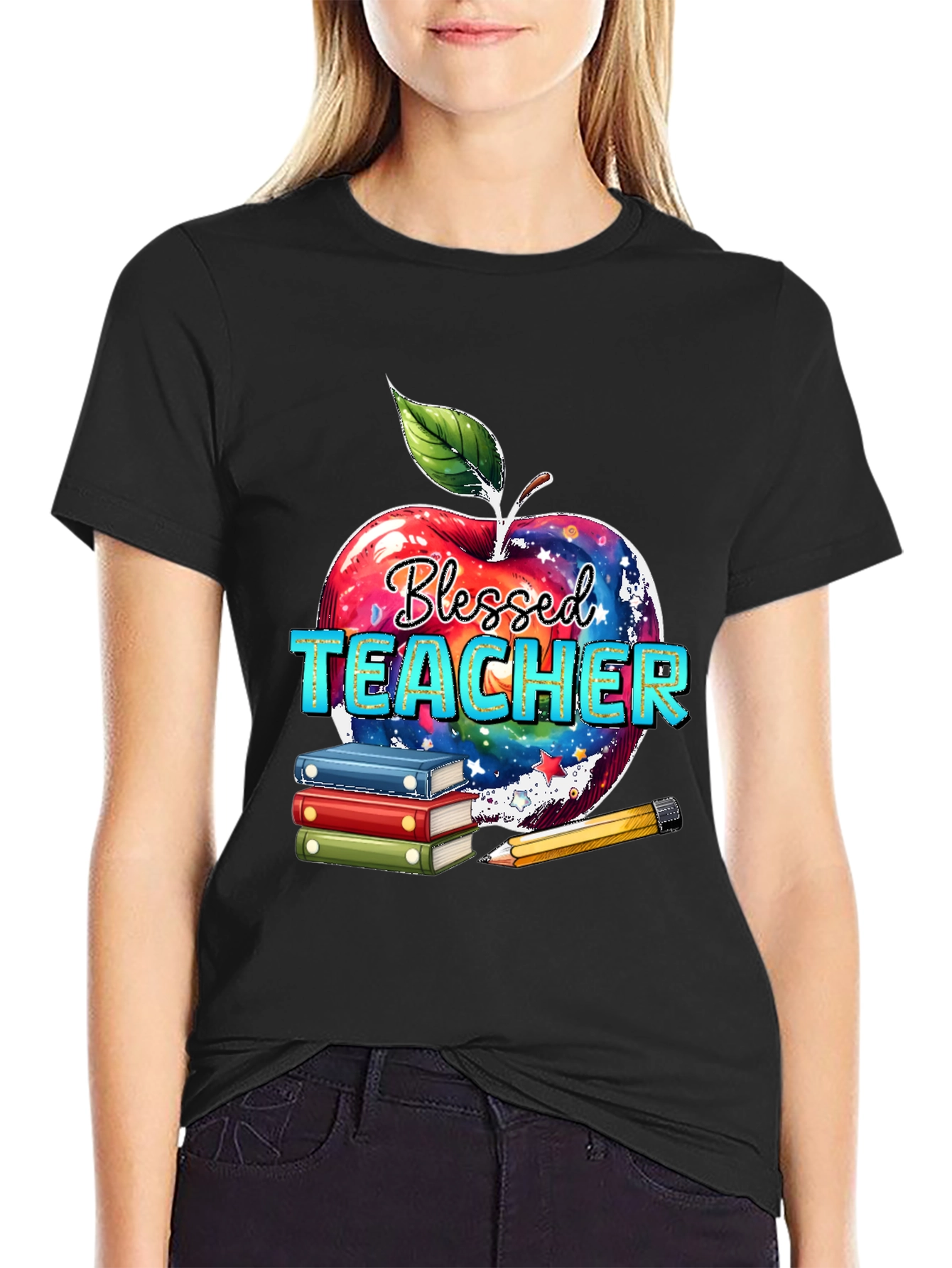 Blessed Teacher T-Shirt Apple Books Pencil Design