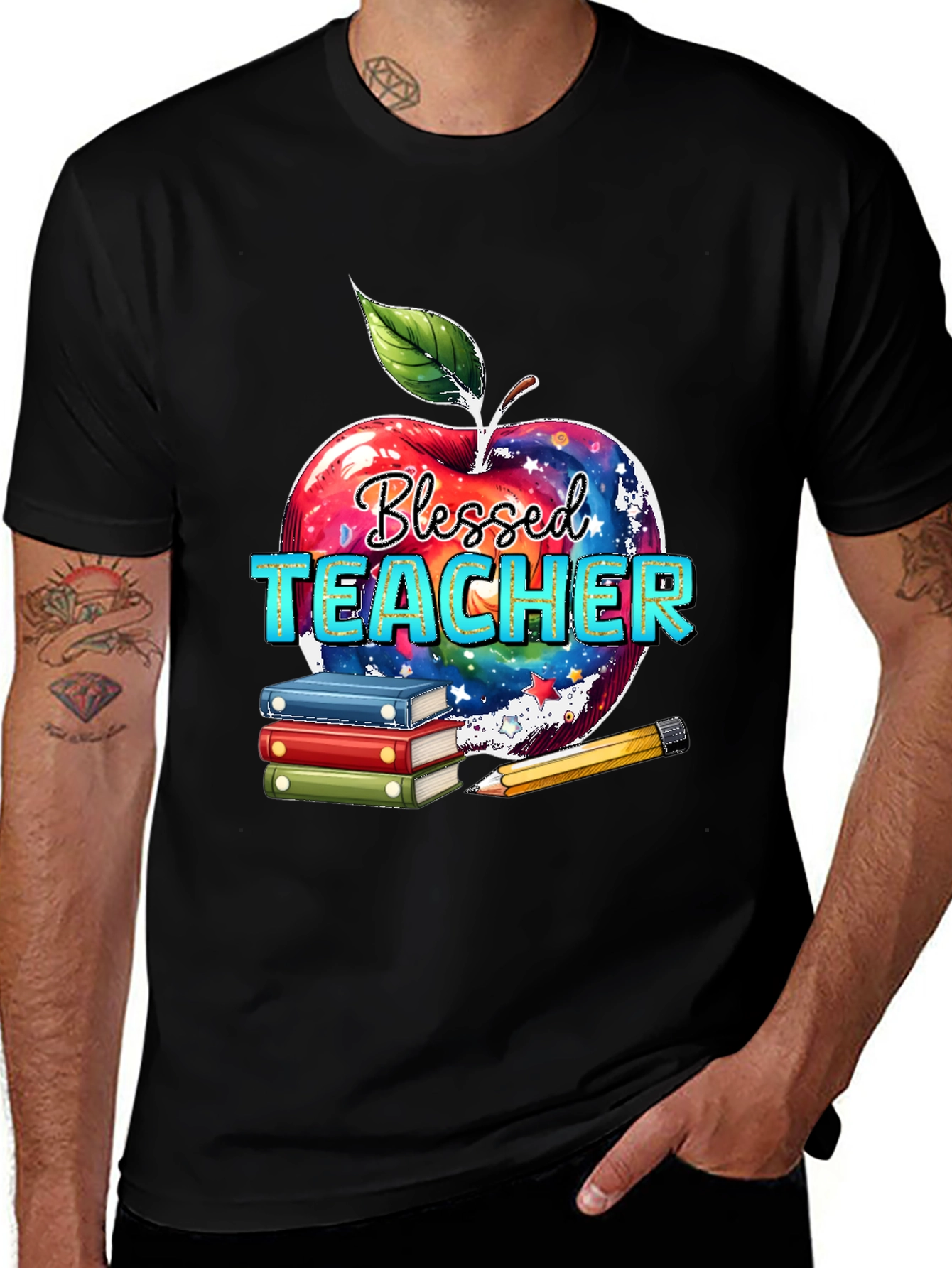 Blessed Teacher T-Shirt Apple Books Pencil Design