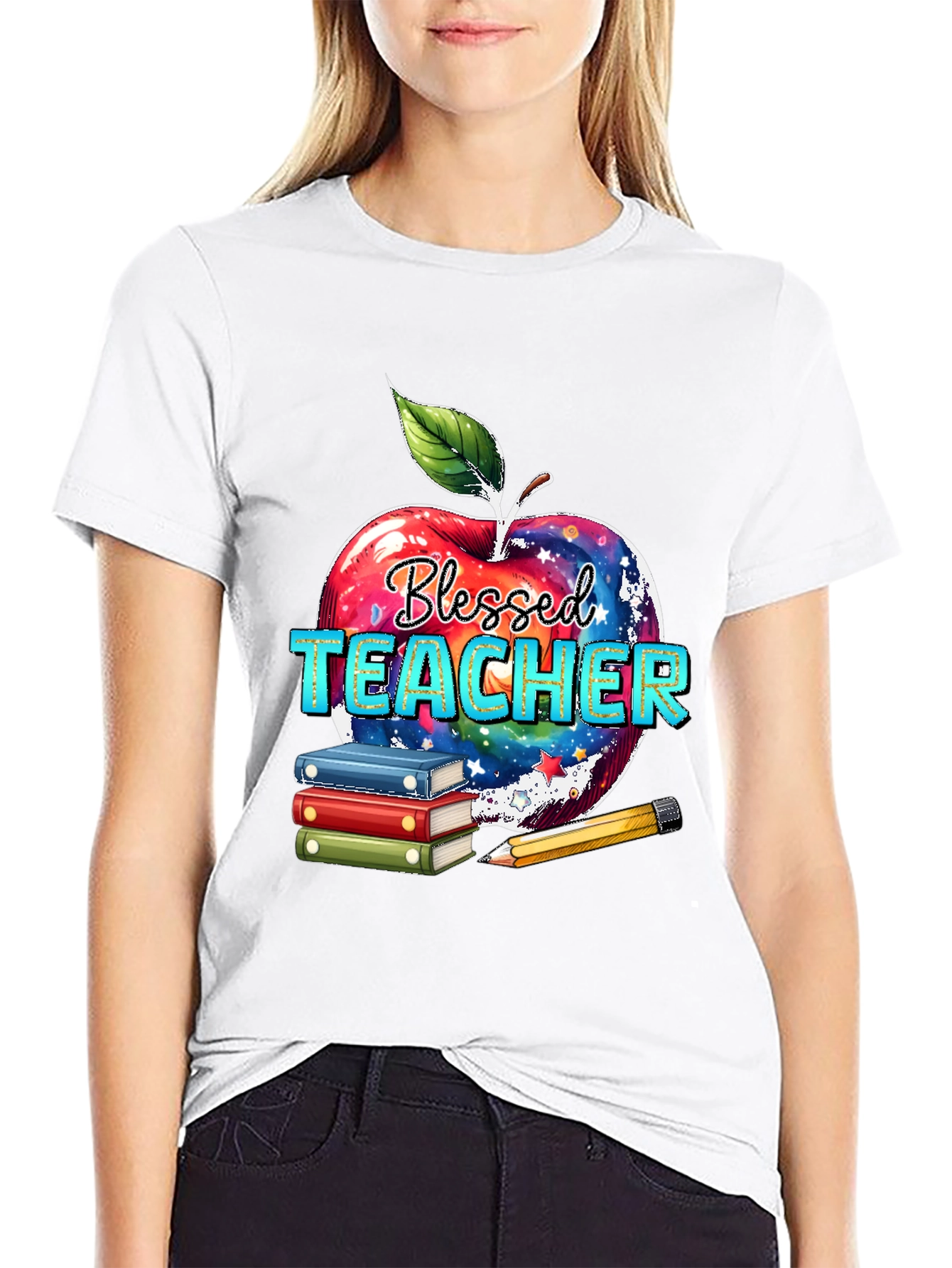 Blessed Teacher T-Shirt Apple Books Pencil Design