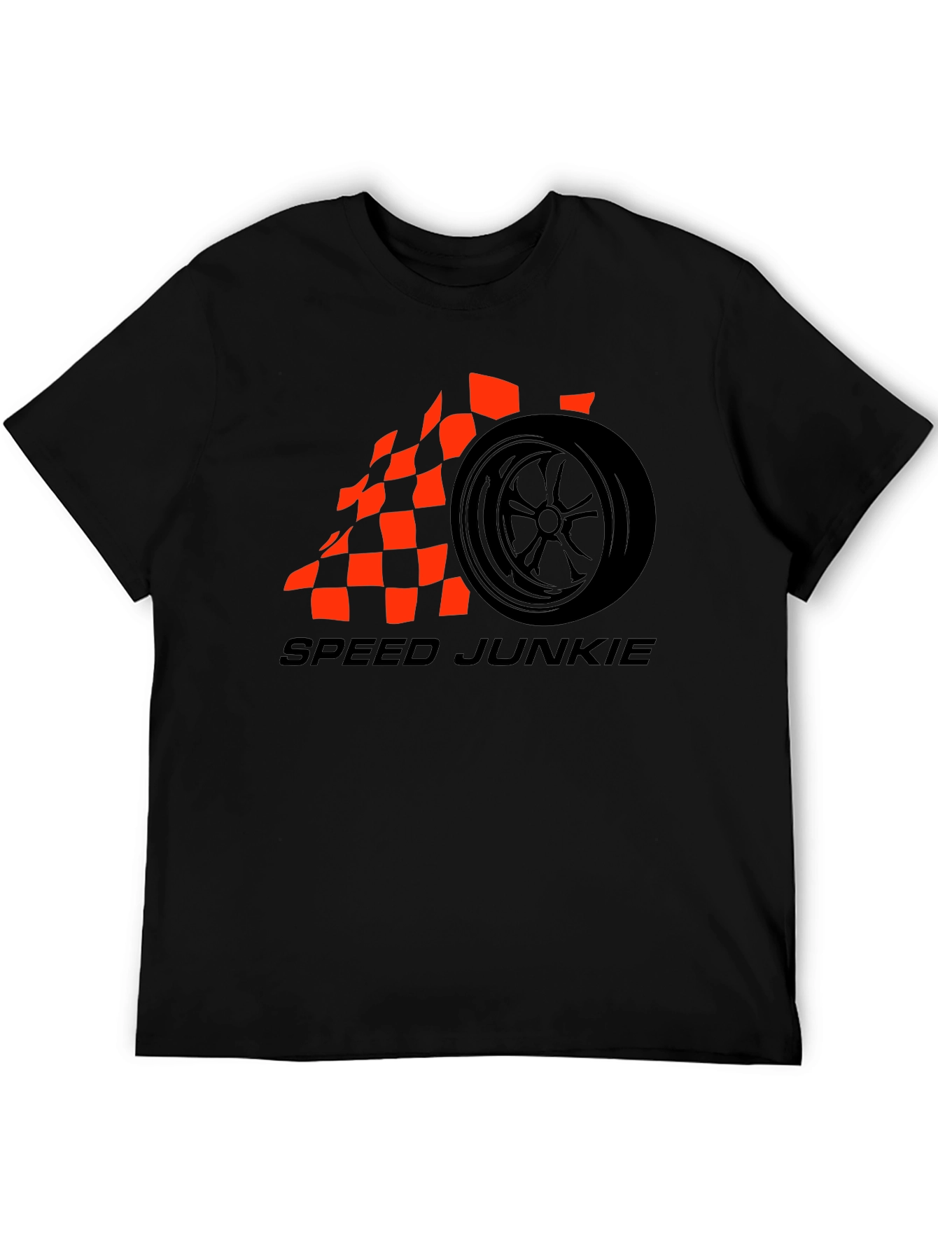Speed Junkie Black T-Shirt with Checkered Flag Wheel Design