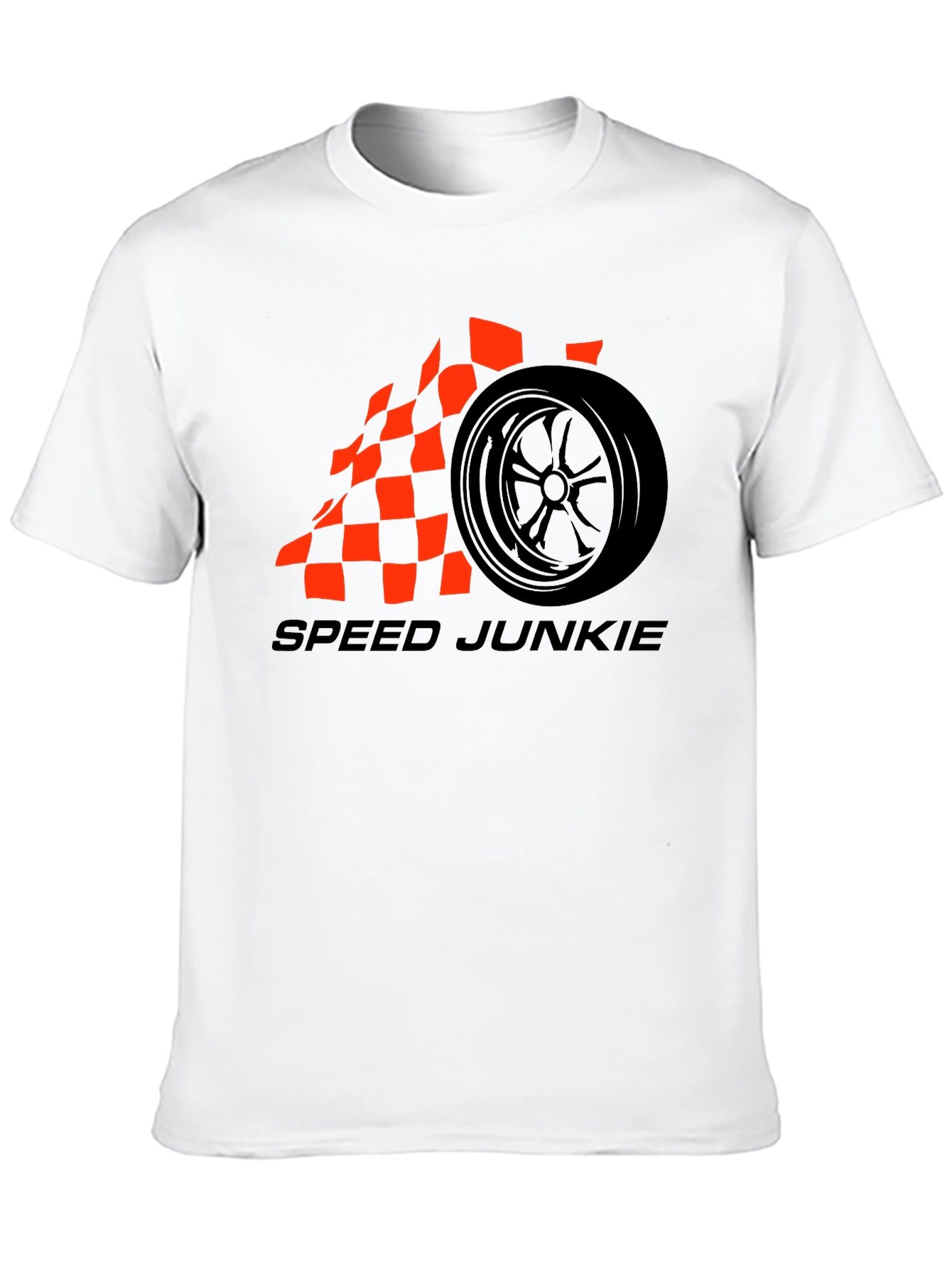Speed Junkie Black T-Shirt with Checkered Flag Wheel Design