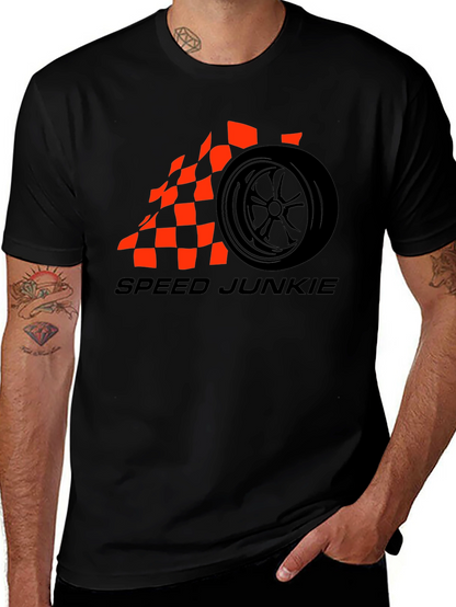 Speed Junkie Black T-Shirt with Checkered Flag Wheel Design