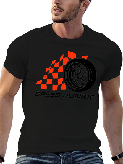 Speed Junkie Black T-Shirt with Checkered Flag Wheel Design