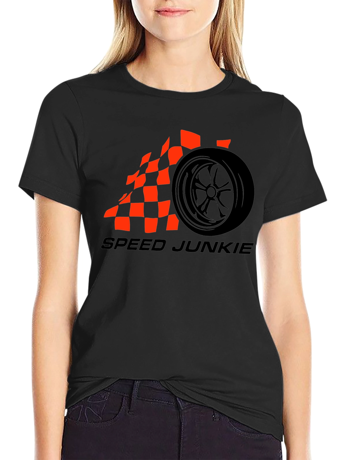 Speed Junkie Black T-Shirt with Checkered Flag Wheel Design