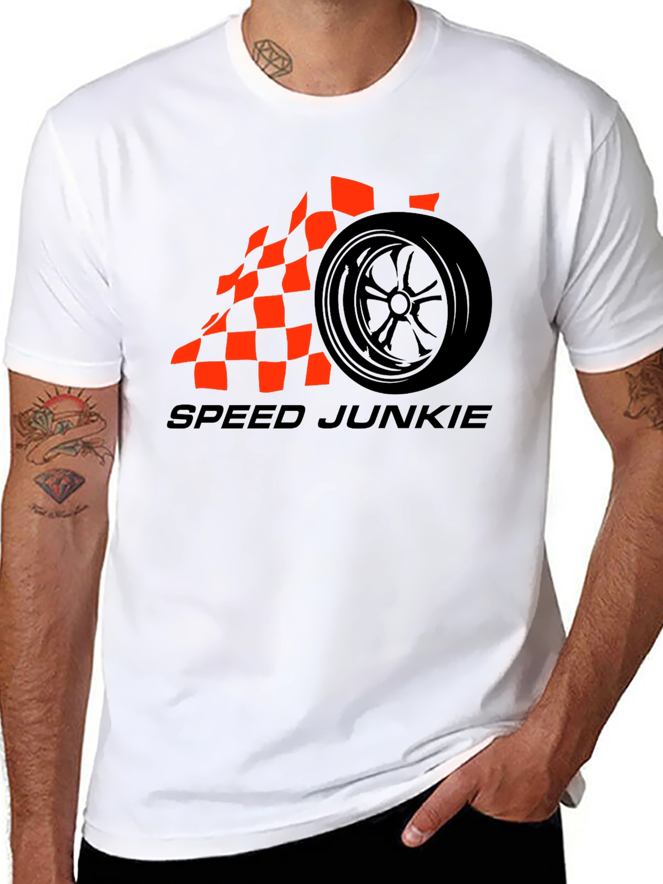 Speed Junkie Black T-Shirt with Checkered Flag Wheel Design