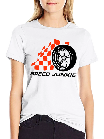 Speed Junkie Black T-Shirt with Checkered Flag Wheel Design