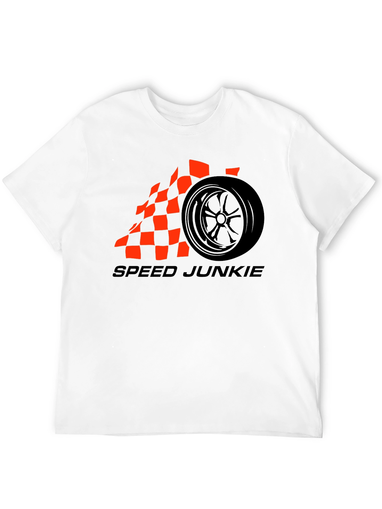 Speed Junkie Black T-Shirt with Checkered Flag Wheel Design