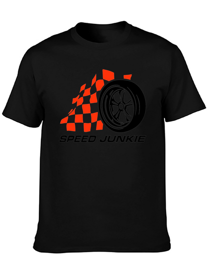 Speed Junkie Black T-Shirt with Checkered Flag Wheel Design