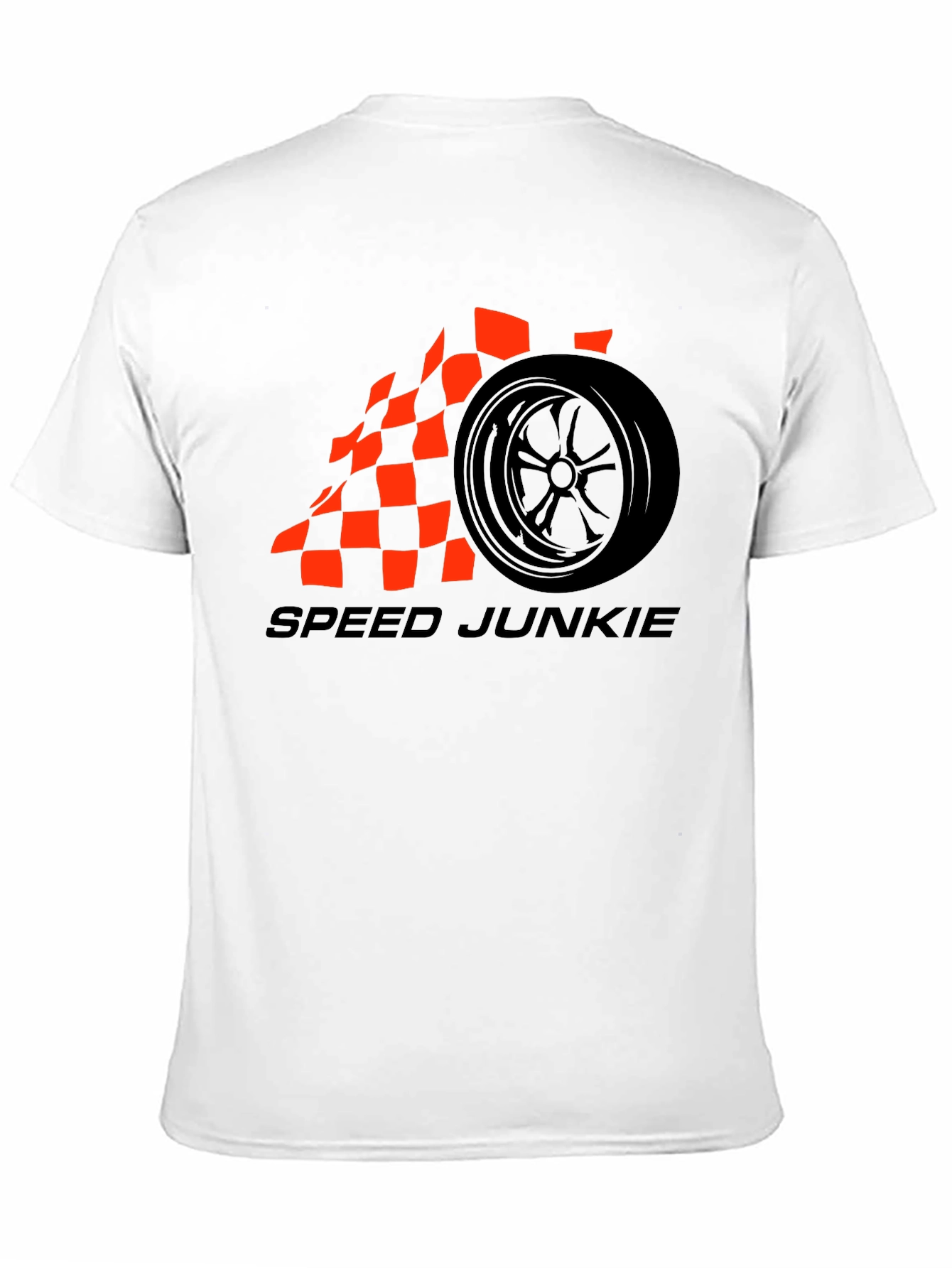 Speed Junkie Black T-Shirt with Checkered Flag Wheel Design