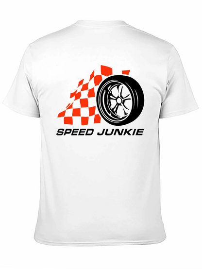 Speed Junkie Black T-Shirt with Checkered Flag Wheel Design