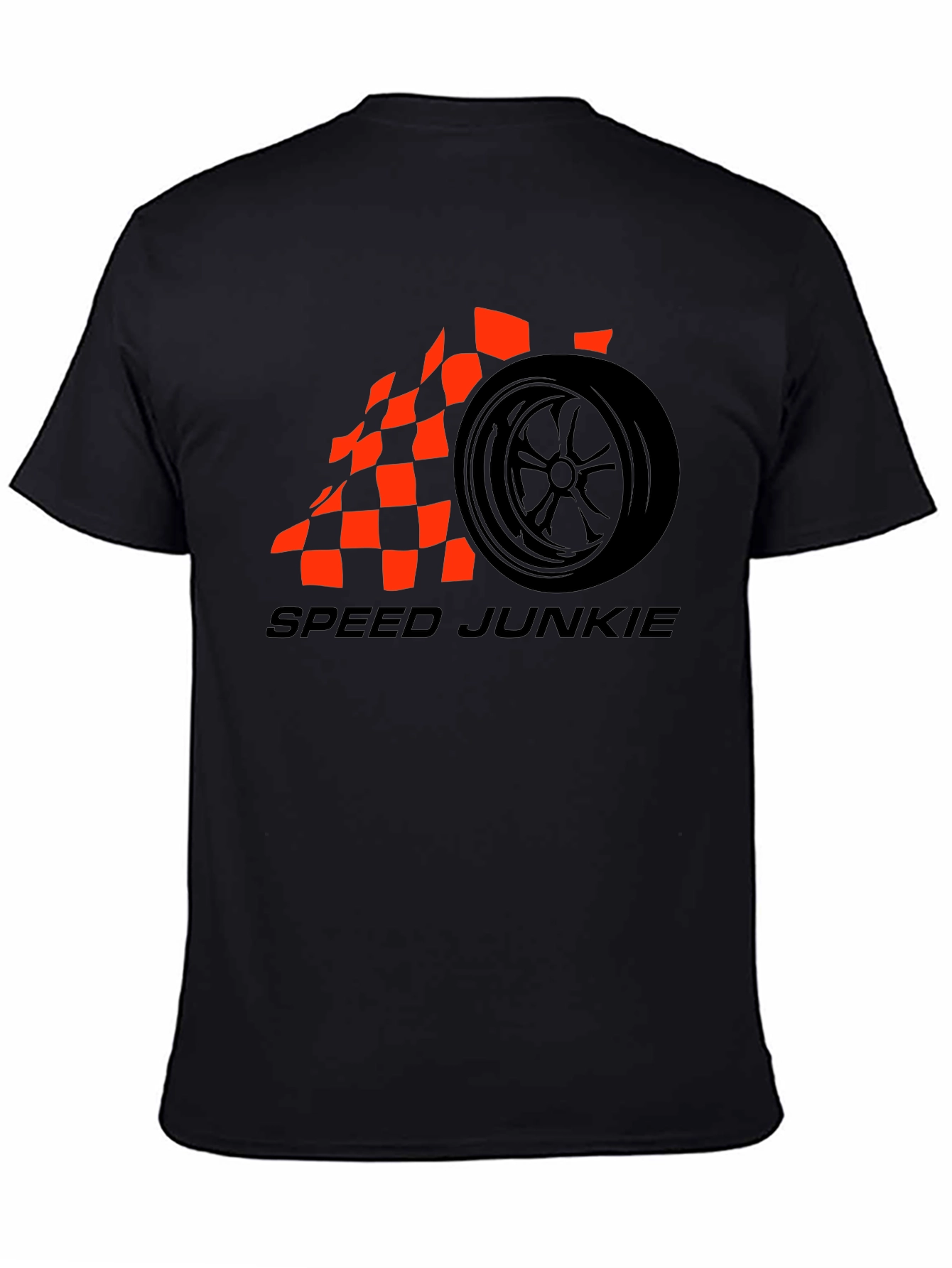 Speed Junkie Black T-Shirt with Checkered Flag Wheel Design