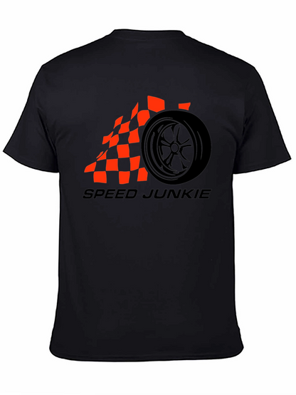 Speed Junkie Black T-Shirt with Checkered Flag Wheel Design