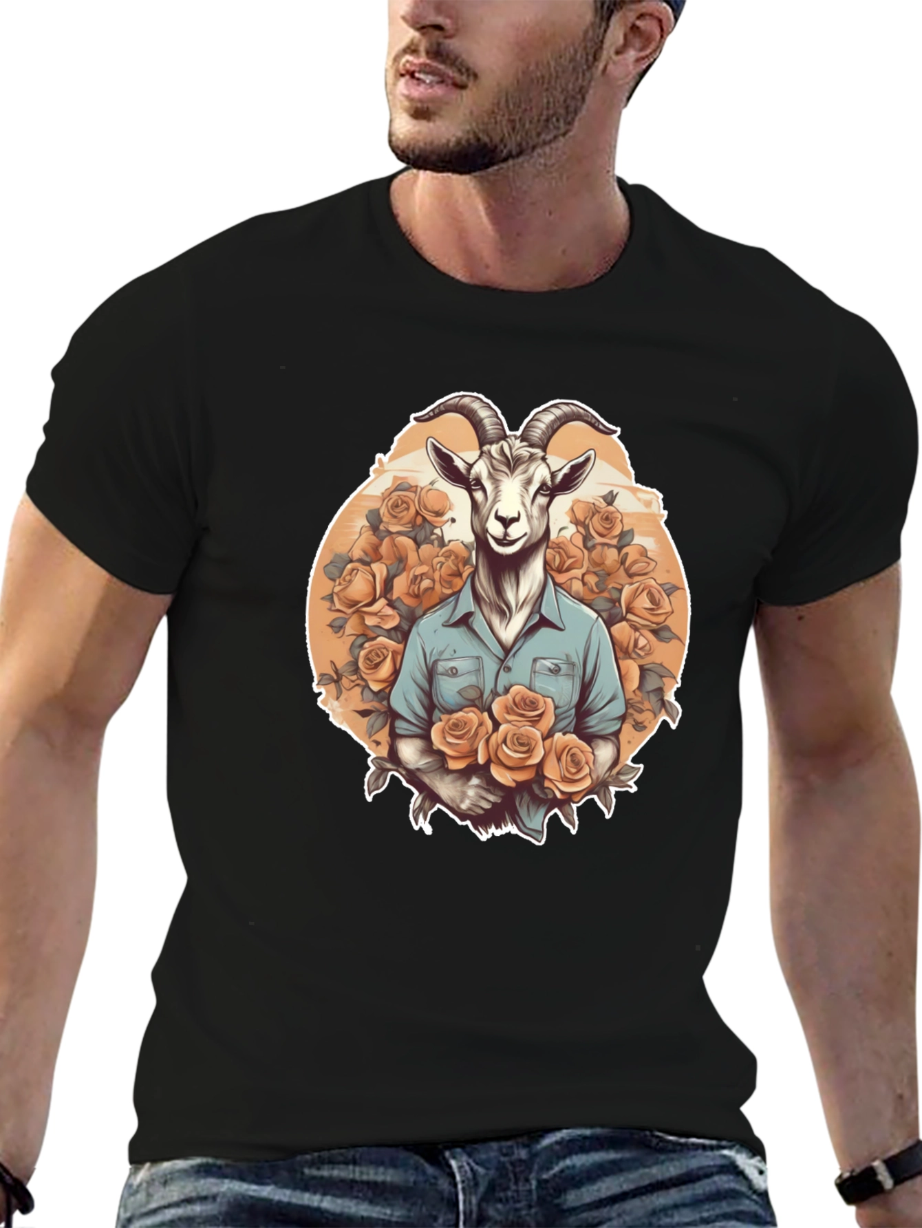 Goat & Roses Graphic Tee - Quirky Mens T-Shirt