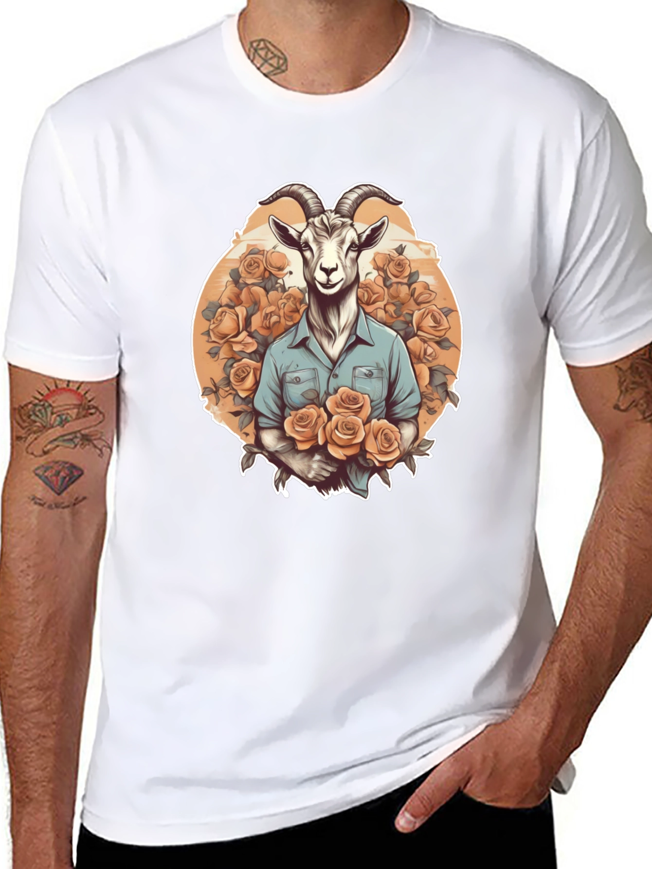 Goat & Roses Graphic Tee - Quirky Mens T-Shirt