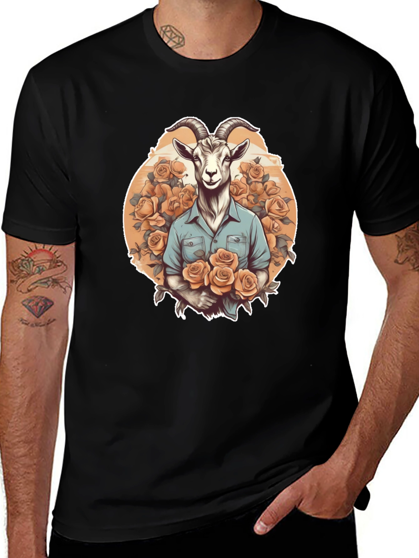 Goat & Roses Graphic Tee - Quirky Mens T-Shirt