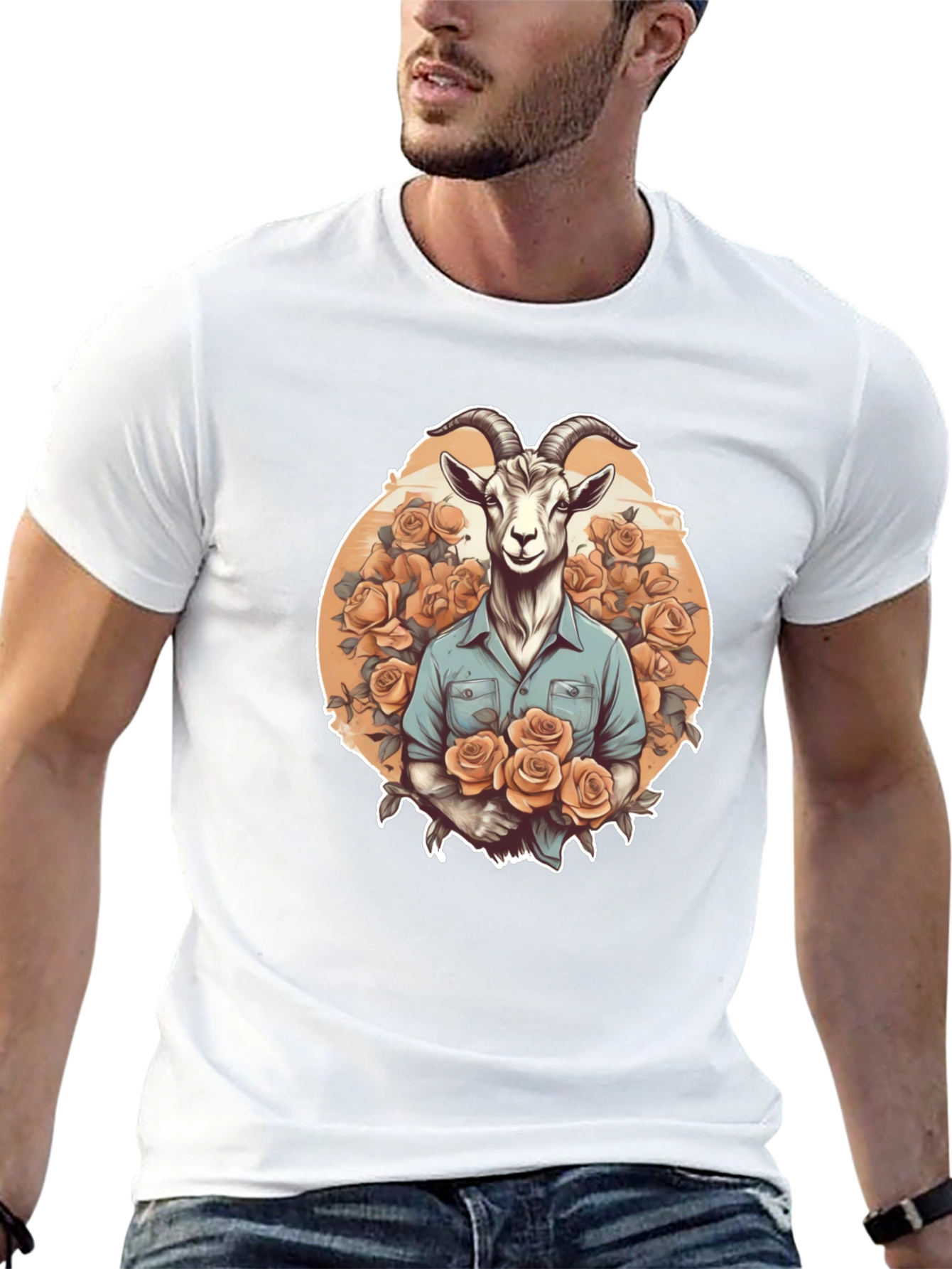 Goat & Roses Graphic Tee - Quirky Mens T-Shirt