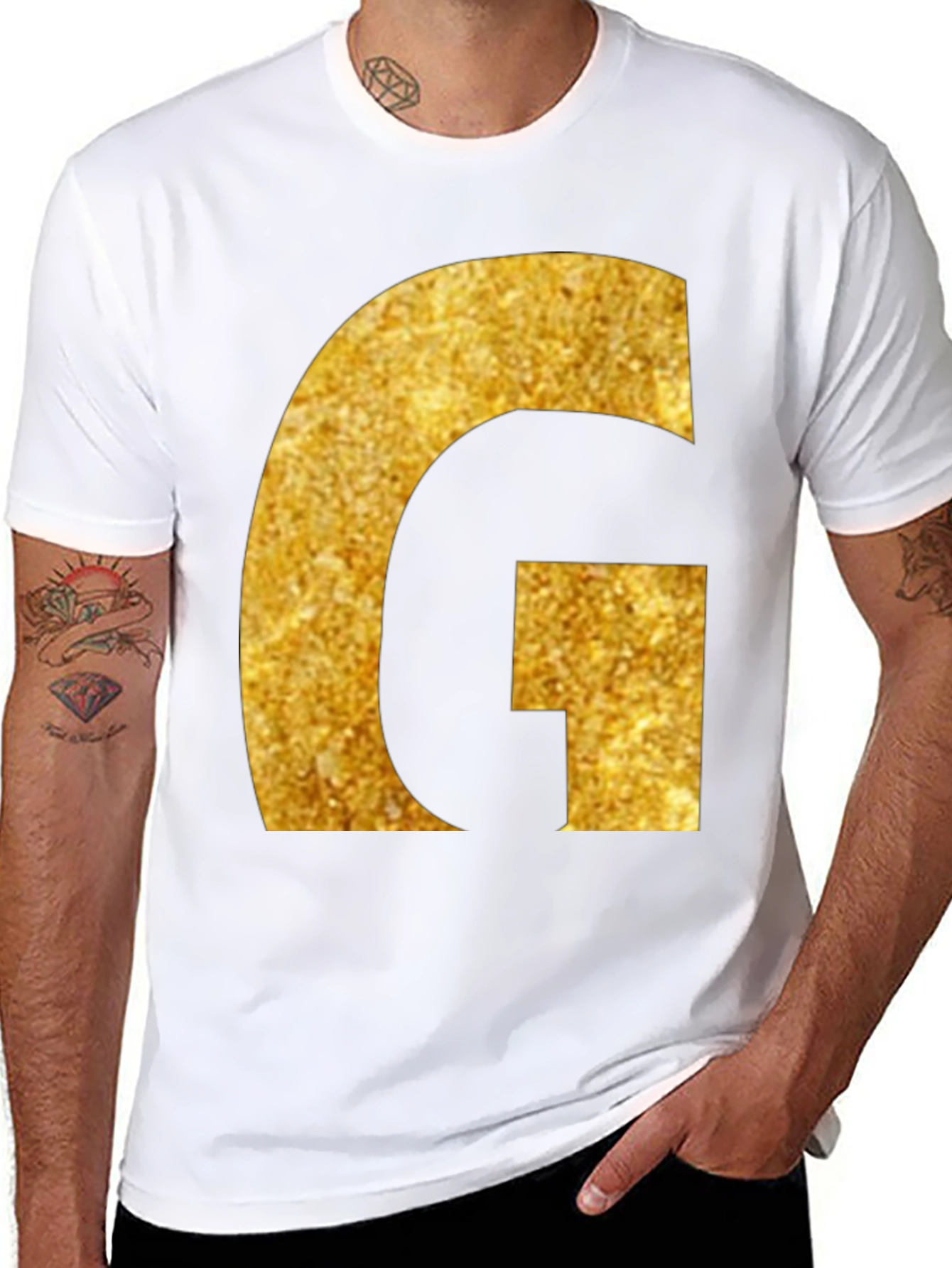 Gold Glitter G Initial Black T-Shirt