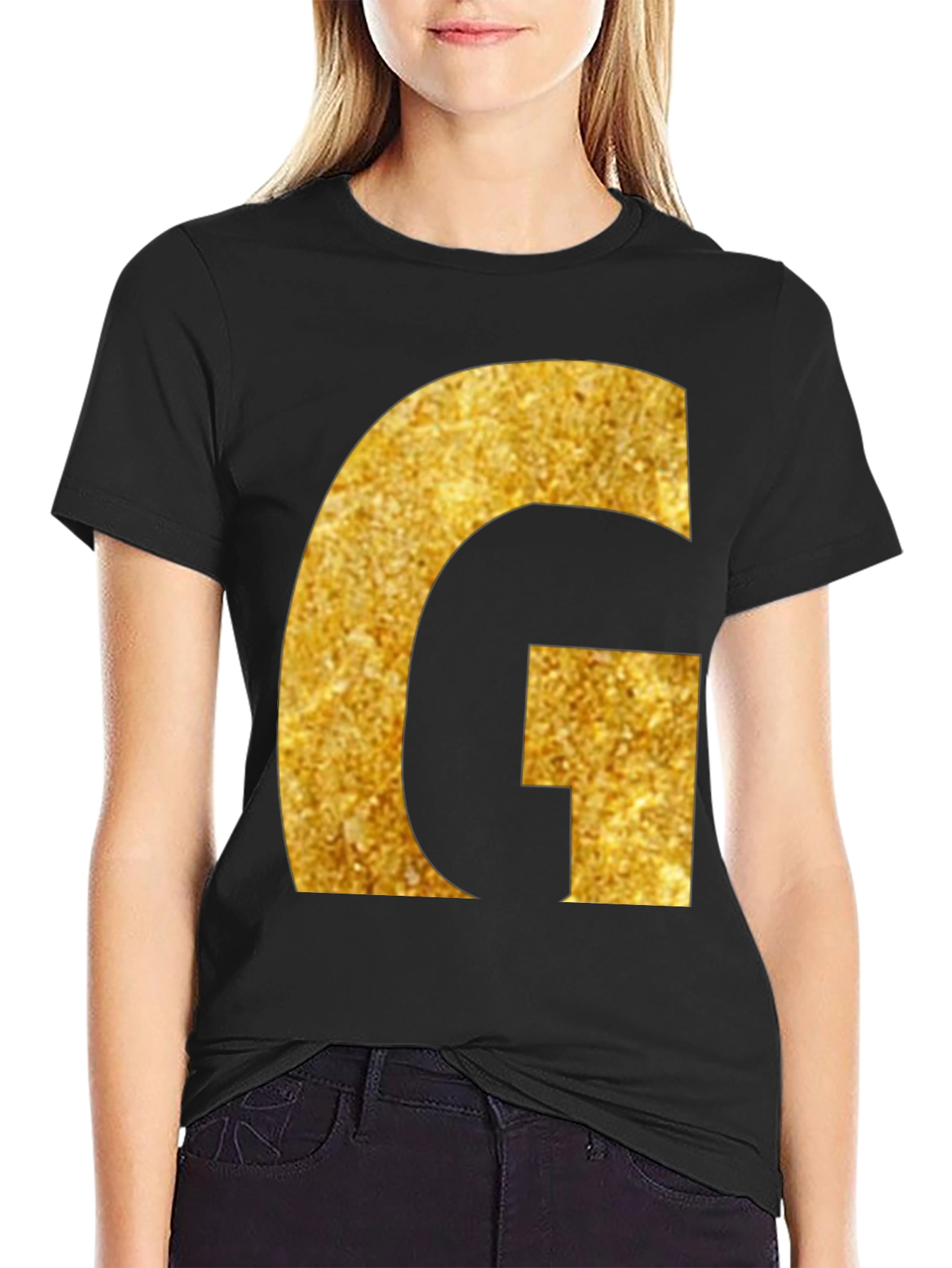 Gold Glitter G Initial Black T-Shirt
