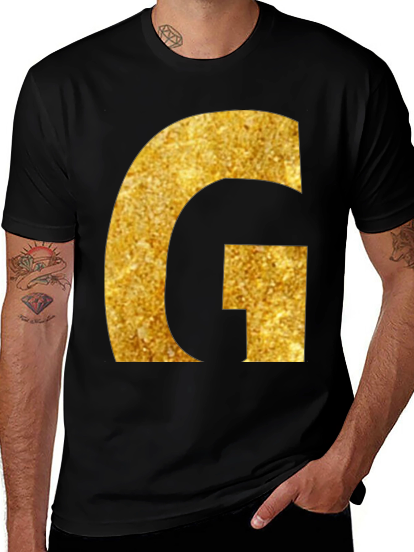 Gold Glitter G Initial Black T-Shirt