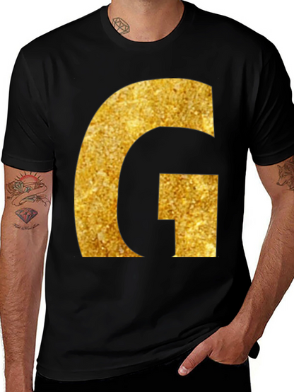 Gold Glitter G Initial Black T-Shirt