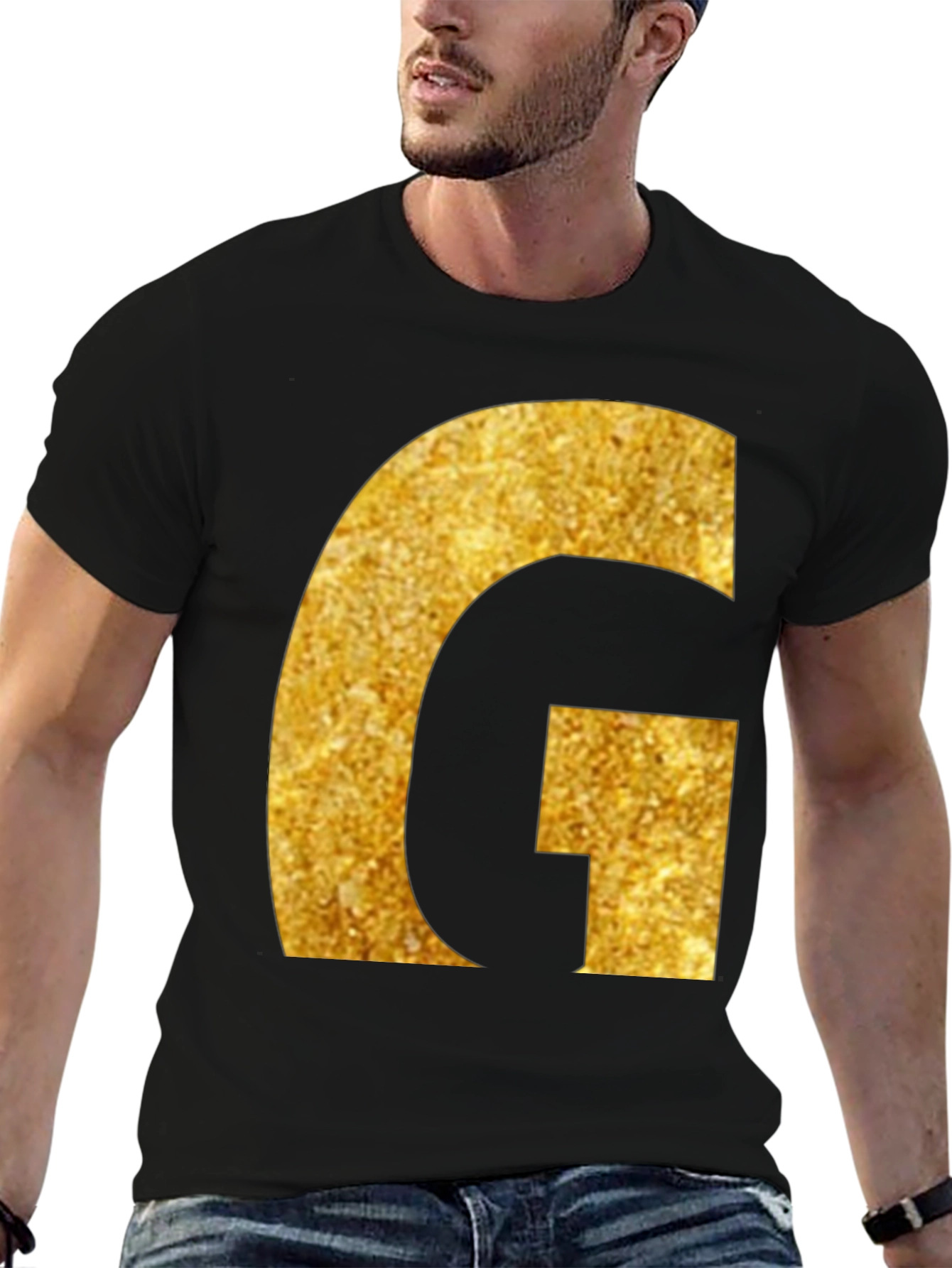 Gold Glitter G Initial Black T-Shirt