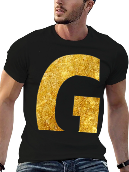 Gold Glitter G Initial Black T-Shirt