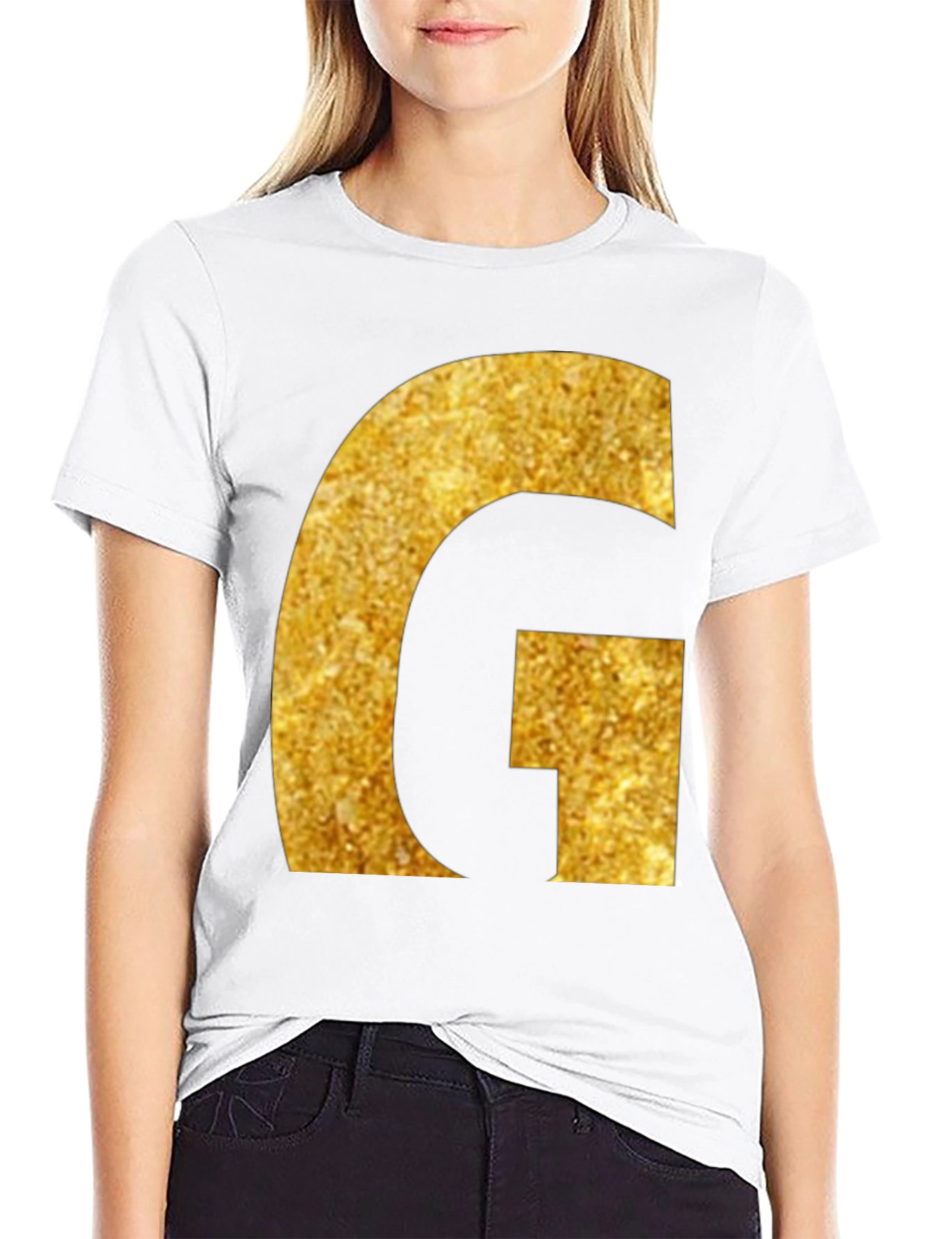 Gold Glitter G Initial Black T-Shirt